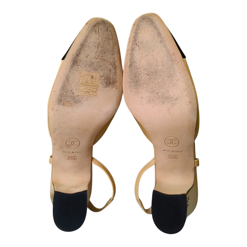 Chanel Beige Goatskin Slingback Pumps with Black Grosgrain Cap Toe