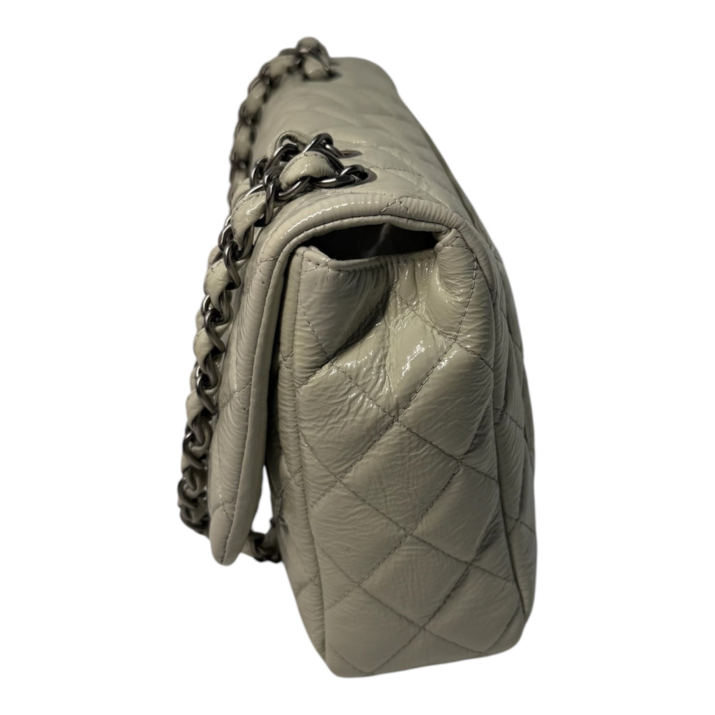 Chanel Jumbo Classic Flap Bag In Light Grey Patent Leather With Ruthenium Hardware