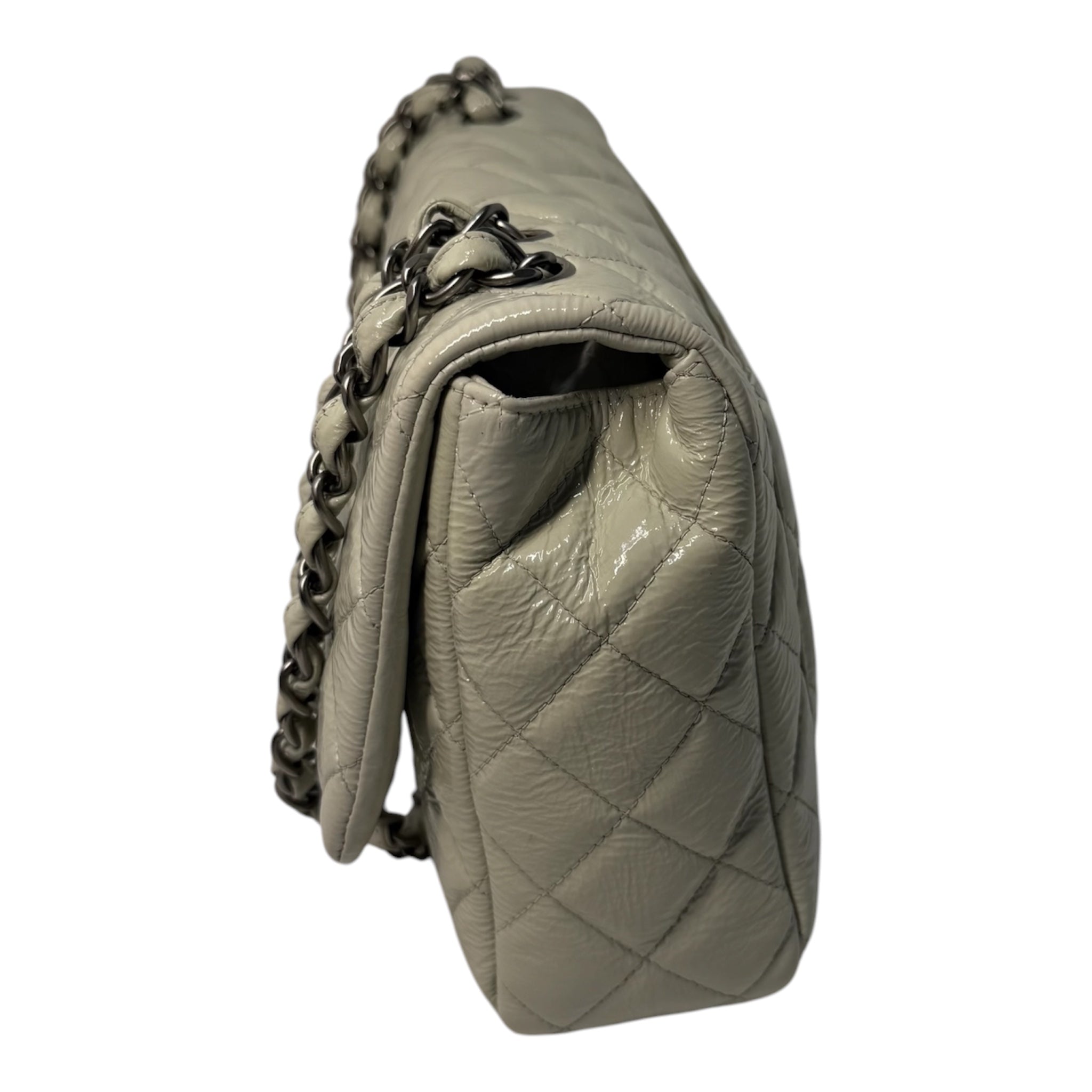 Chanel Jumbo Classic Flap Bag In Light Grey Patent Leather With Ruthenium Hardware