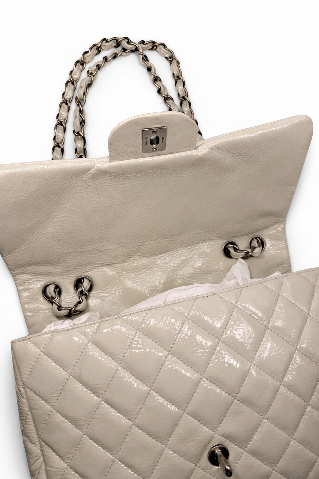 Chanel Jumbo Classic Flap Bag – Light Grey Patent Leather