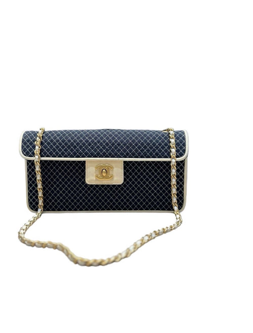 Chanel Coco Mark Quilted Chain Mini Shoulder Bag Navy Blue Patent Leather Cloth