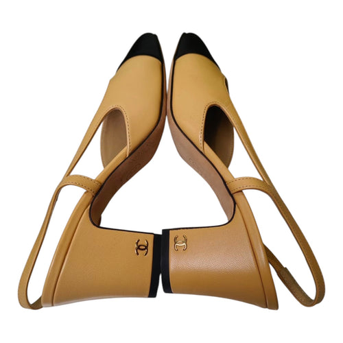 Chanel Beige Goatskin Slingback Pumps with Black Grosgrain Cap Toe