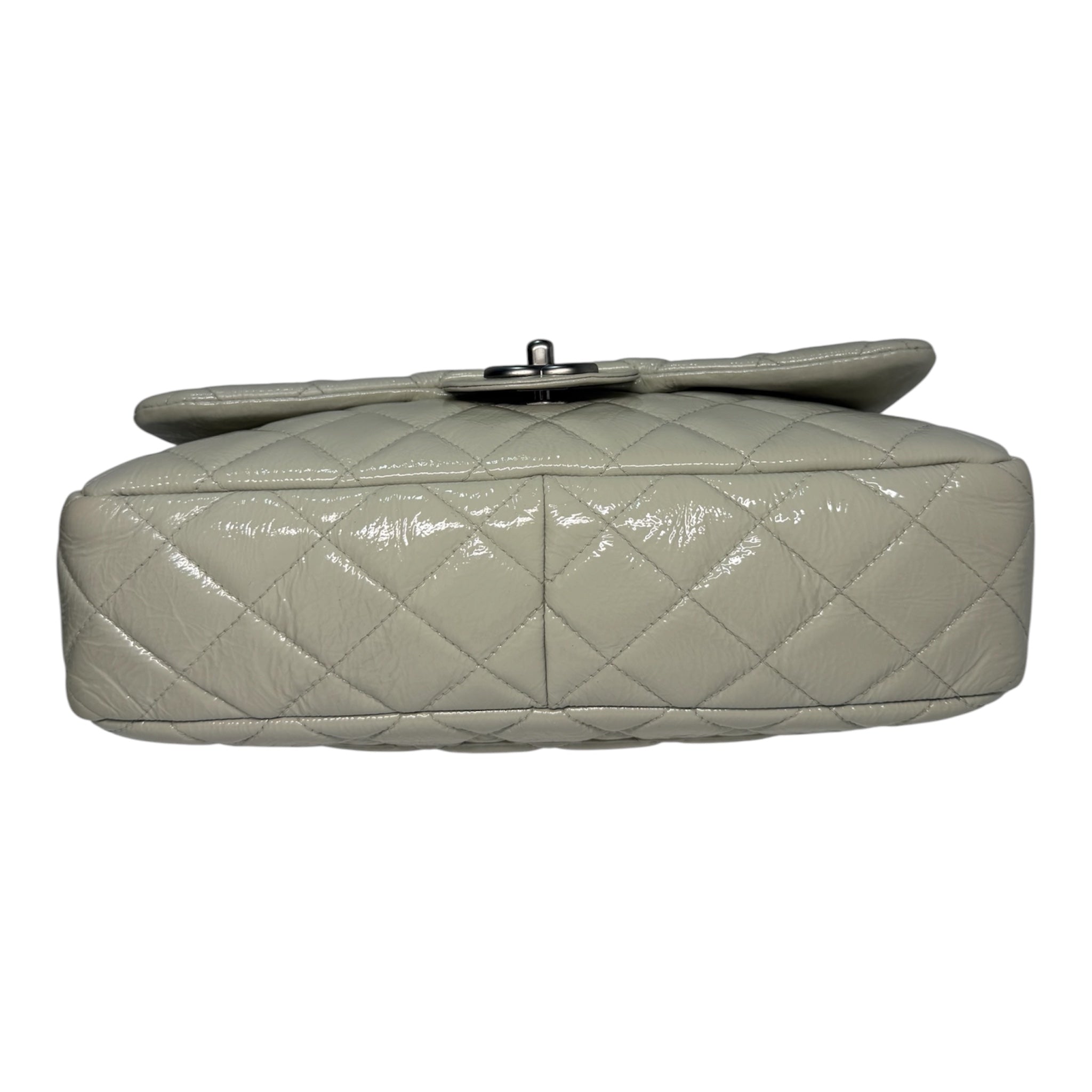 Chanel Jumbo Classic Flap Bag In Light Grey Patent Leather With Ruthenium Hardware
