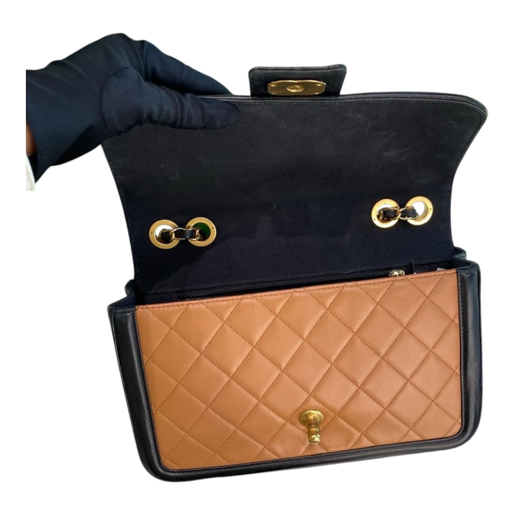 Chanel Medium Flap Bag In Dark Beige And Black Lambskin Quilted Leather With Gold Hardware
