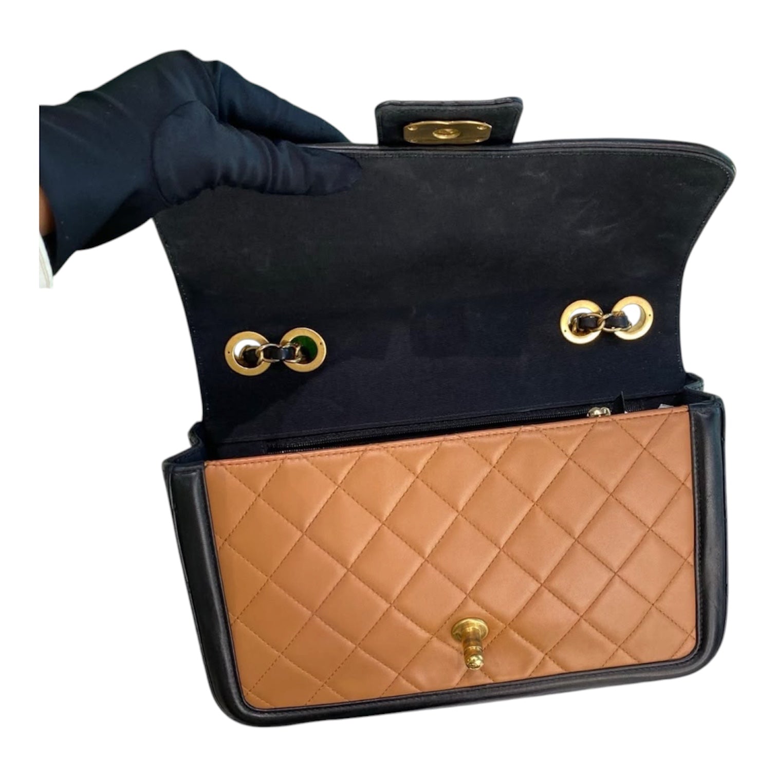 Chanel Medium Flap Bag In Dark Beige And Black Lambskin Quilted Leather With Gold Hardware