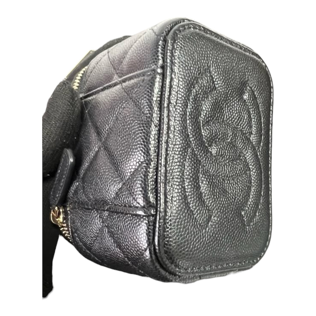 Chanel Mini Vanity Case In Black Quilted Caviar Leather With Gold Hardware