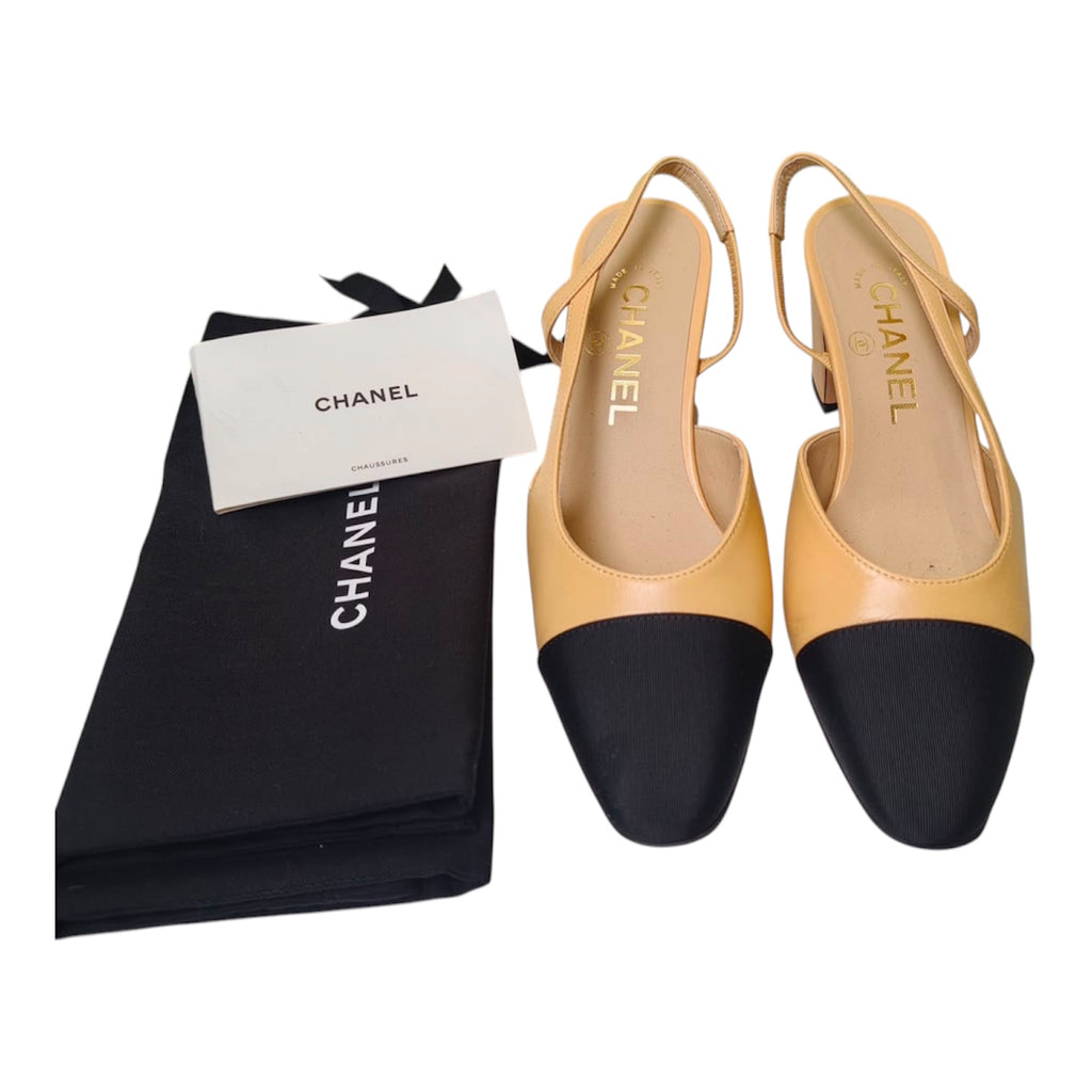 Chanel Beige Goatskin Slingback Pumps with Black Grosgrain Cap Toe