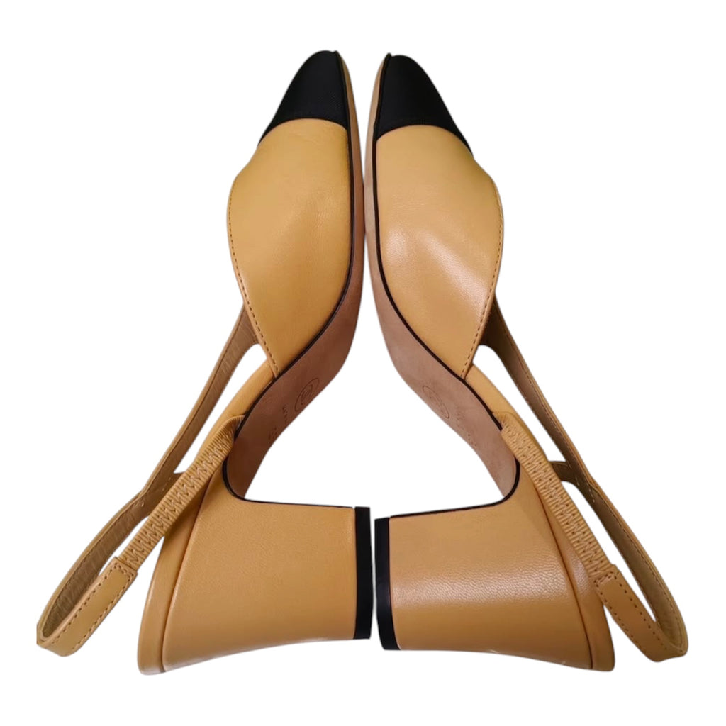 Chanel Beige Goatskin Slingback Pumps with Black Grosgrain Cap Toe