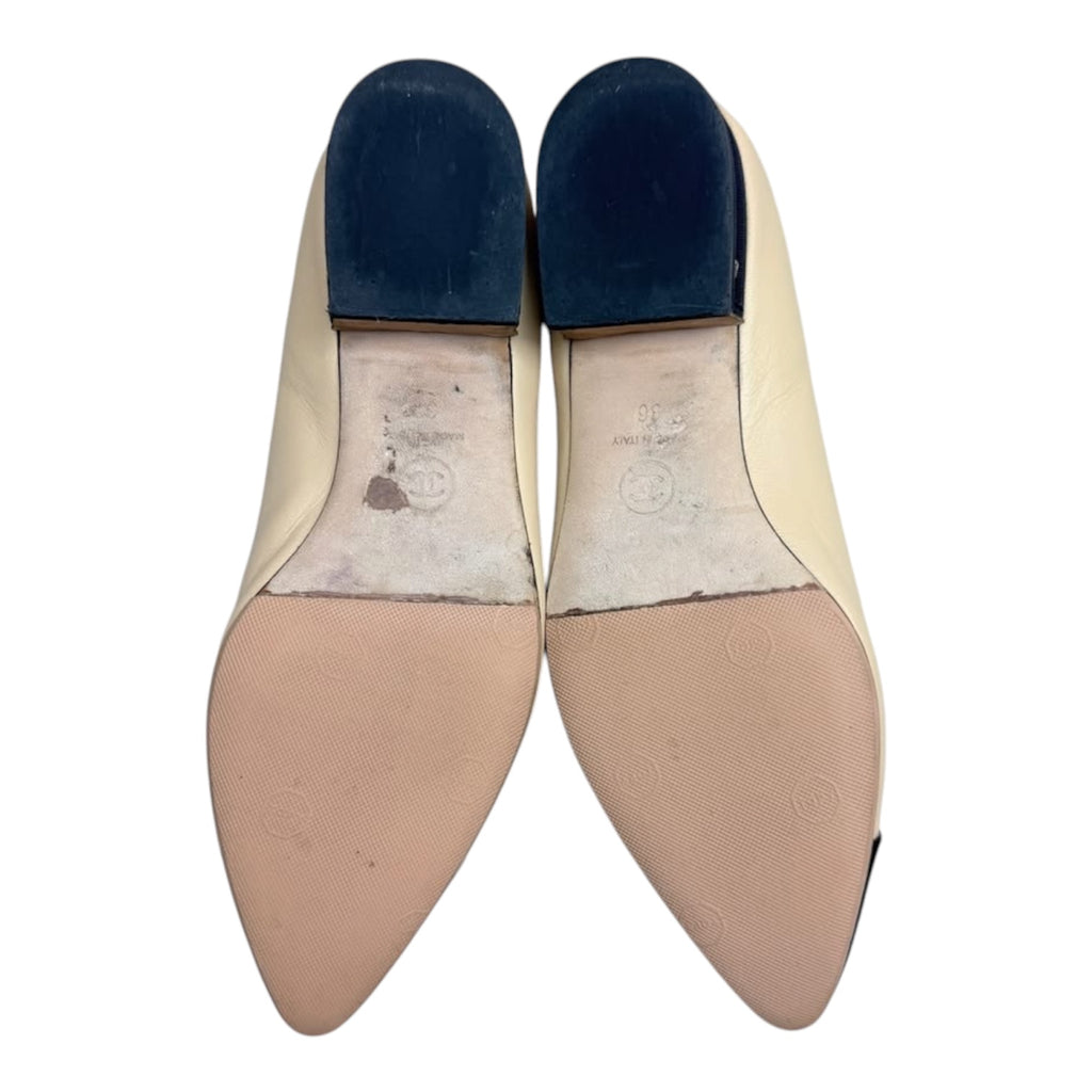 Chanel Beige Lambskin Ballet Flats With Black Grosgrain Cap Toe & Chain Heel