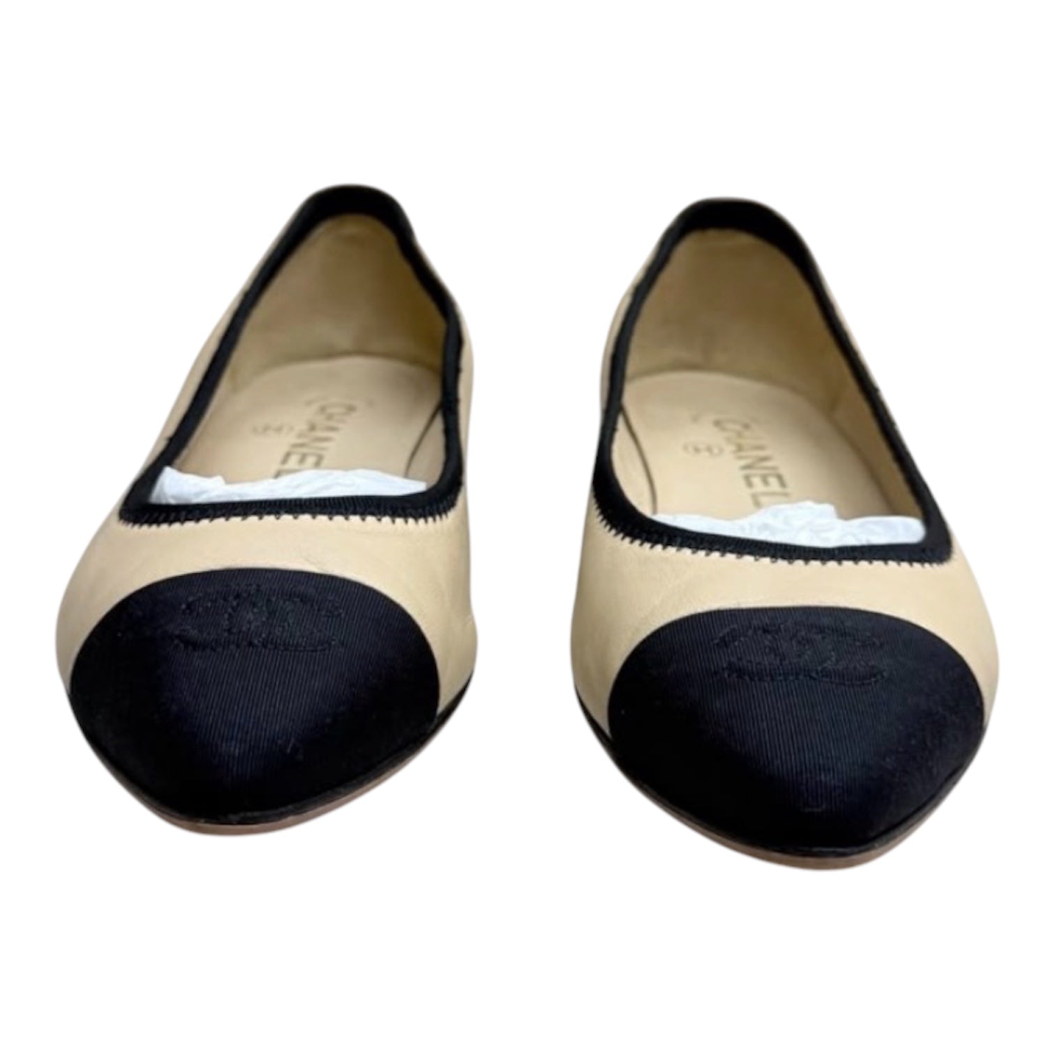 Chanel Beige Lambskin Ballet Flats With Black Grosgrain Cap Toe & Chain Heel