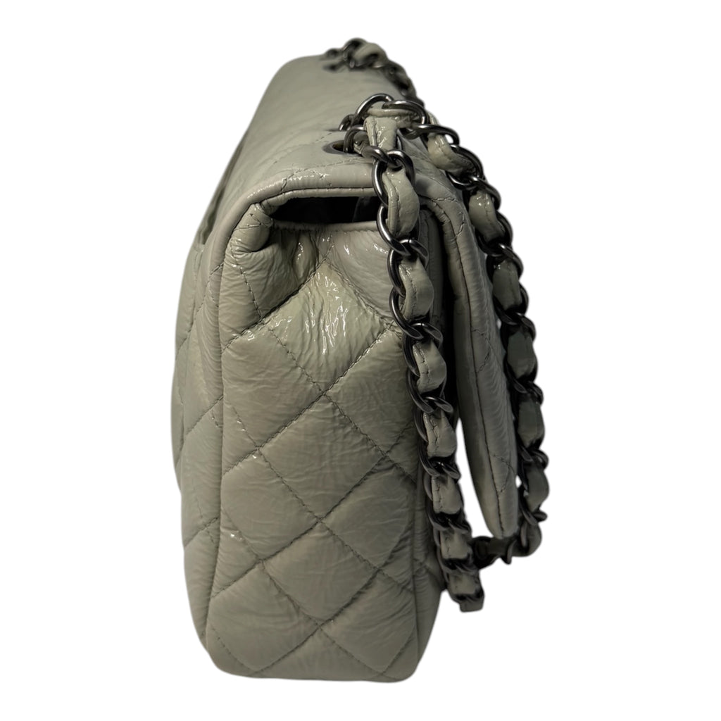 Chanel Jumbo Classic Flap Bag In Light Grey Patent Leather With Ruthenium Hardware