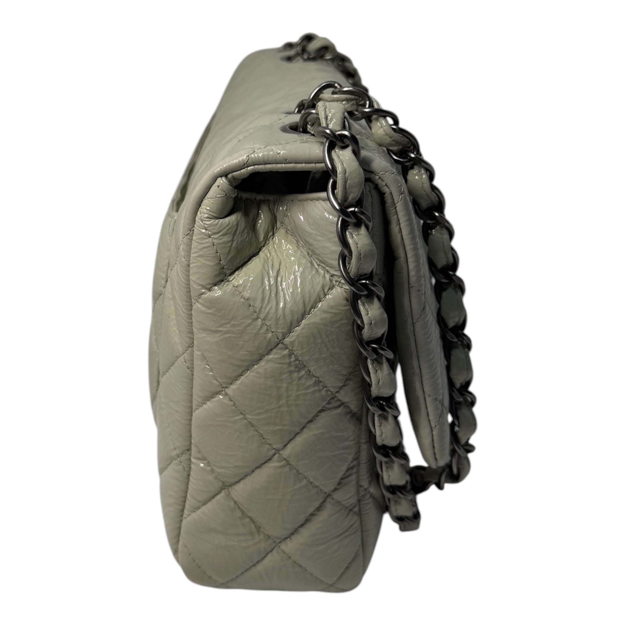 Chanel Jumbo Classic Flap Bag In Light Grey Patent Leather With Ruthenium Hardware