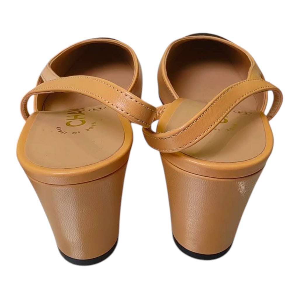 Chanel Beige Goatskin Slingback Pumps with Black Grosgrain Cap Toe