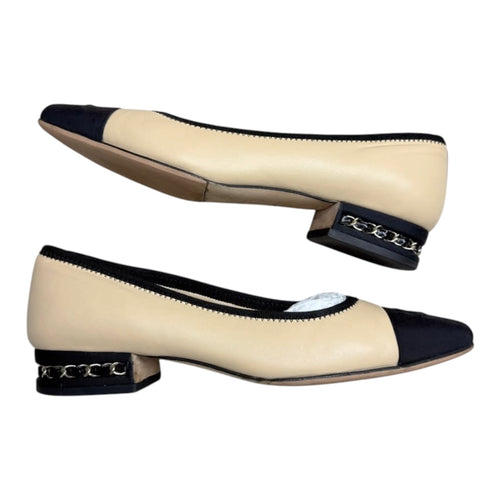 Chanel Beige Lambskin Ballet Flats With Black Grosgrain Cap Toe & Chain Heel