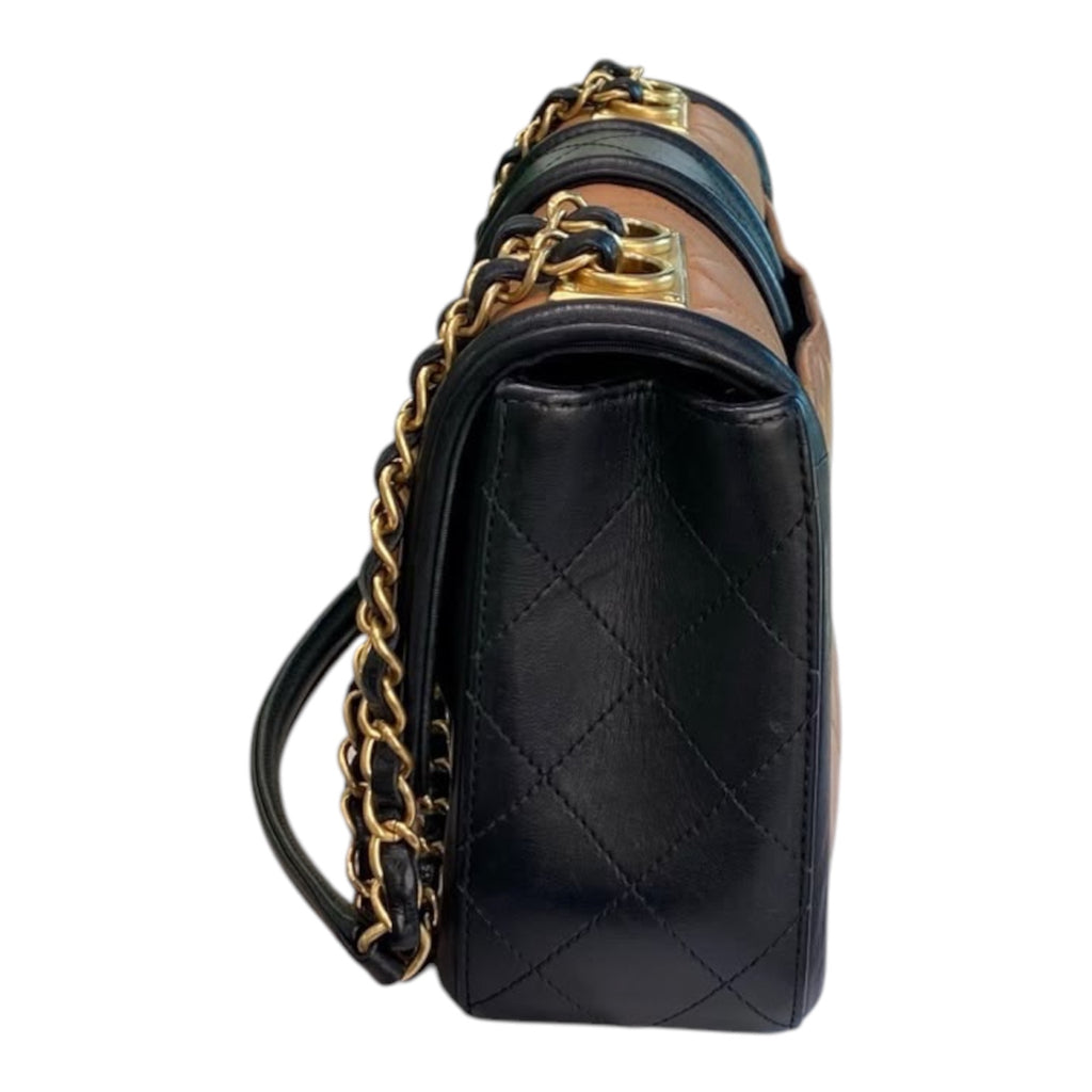 Chanel Medium Flap Bag In Dark Beige And Black Lambskin Quilted Leather With Gold Hardware