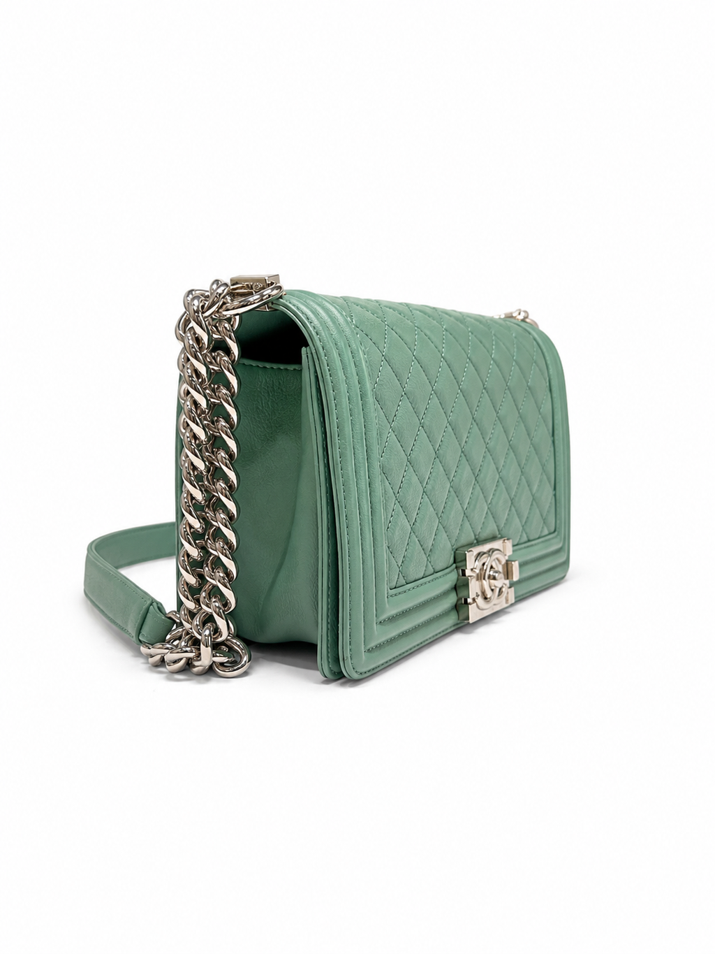 Chanel Medium Boy Flap Bag In Green Caviar Quilted Leather With Silver Hardware
