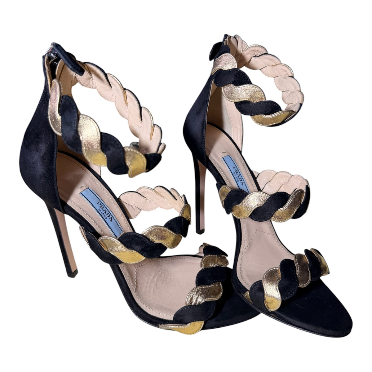 Prada Black & Gold Suede Leather Braided Ankle Cuff Heels