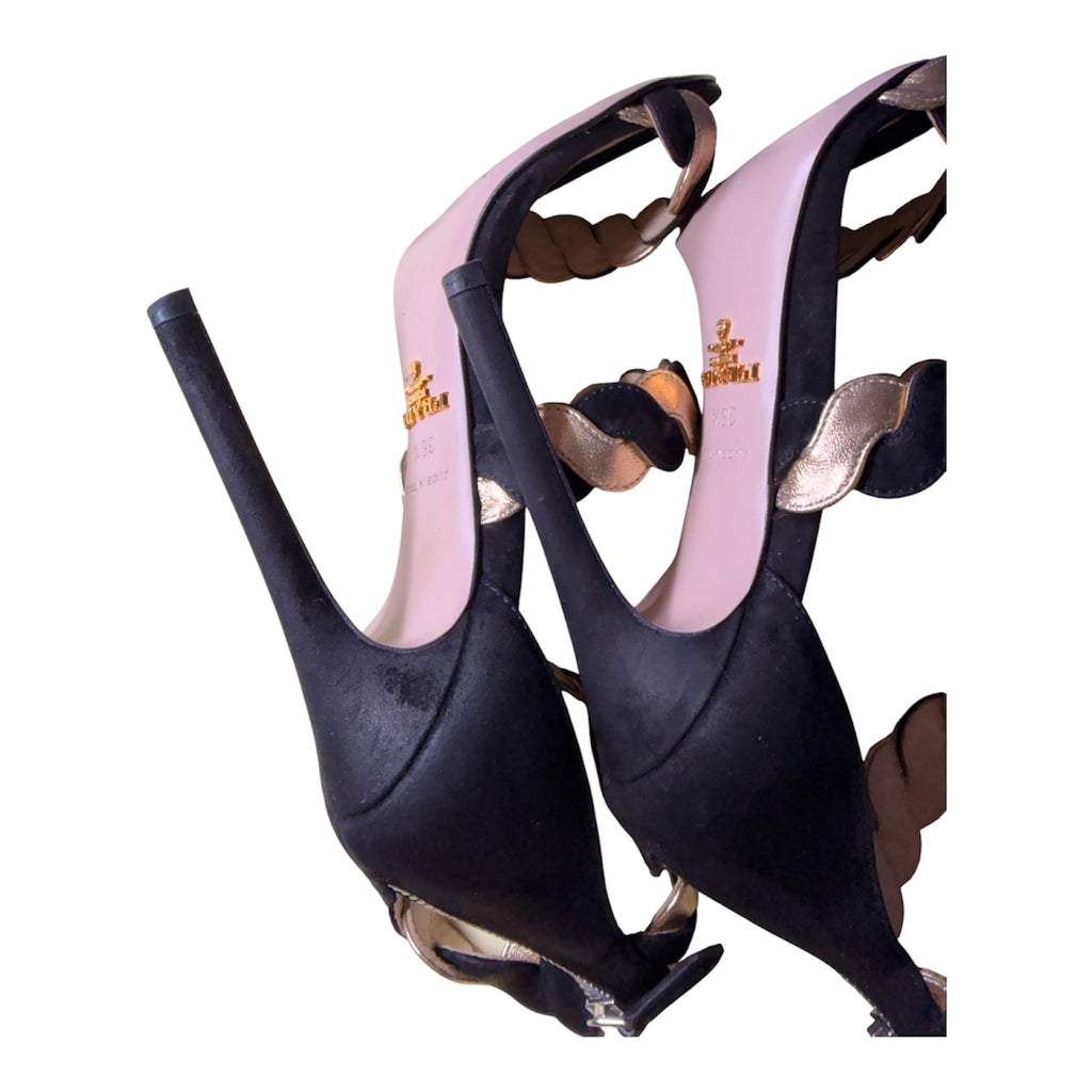 Prada Black & Gold Suede Leather Braided Ankle Cuff Heels