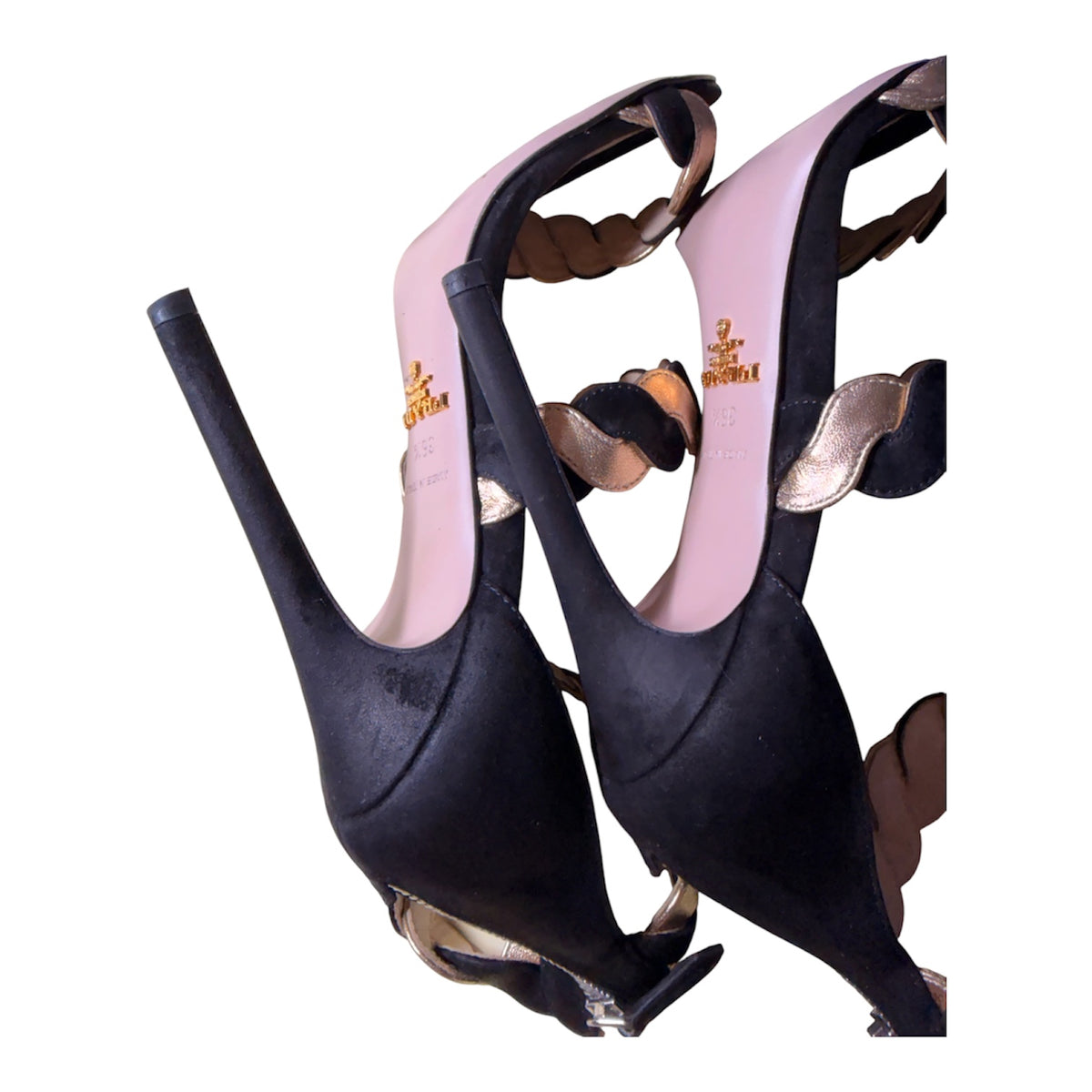 Prada Black & Gold Suede Leather Braided Ankle Cuff Heels