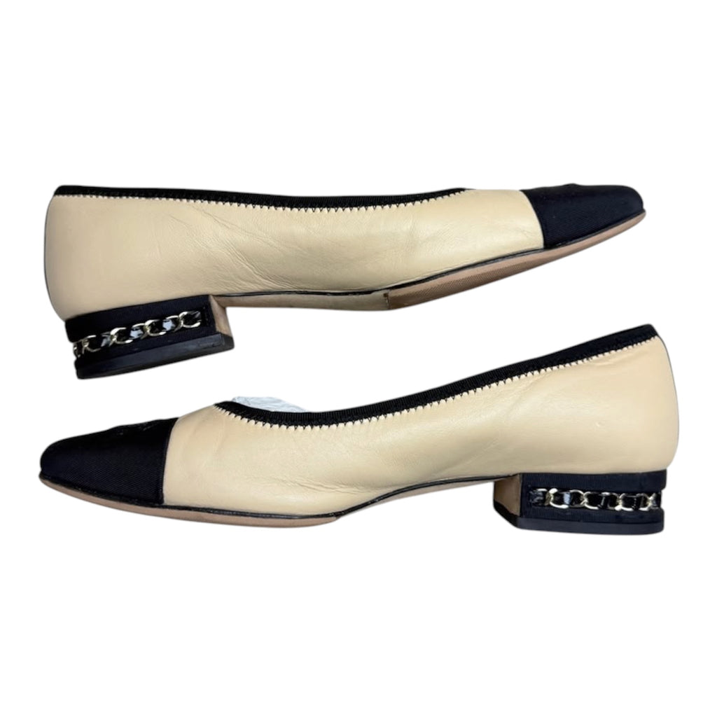 Chanel Beige Lambskin Ballet Flats With Black Grosgrain Cap Toe & Chain Heel