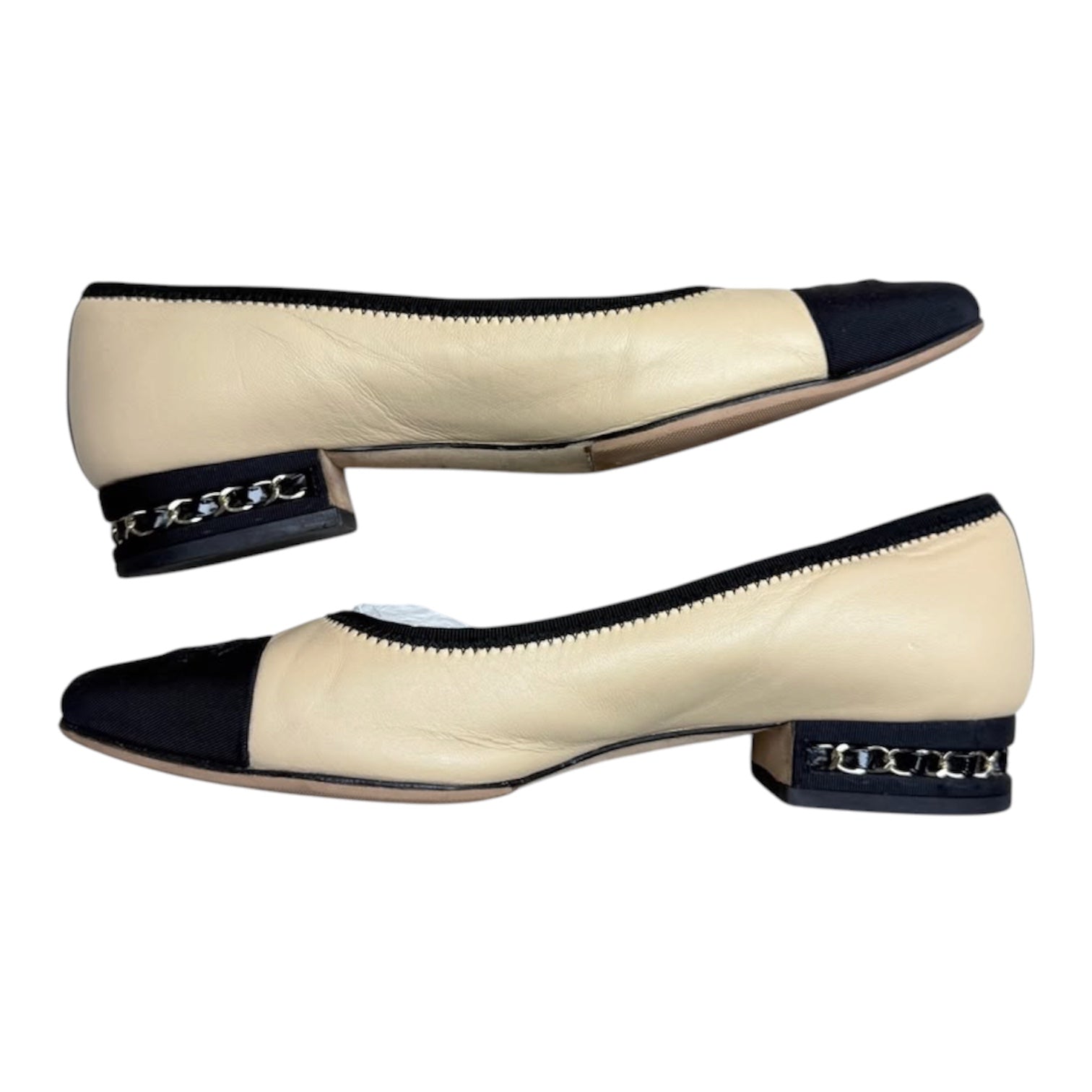 Chanel Beige Lambskin Ballet Flats With Black Grosgrain Cap Toe & Chain Heel
