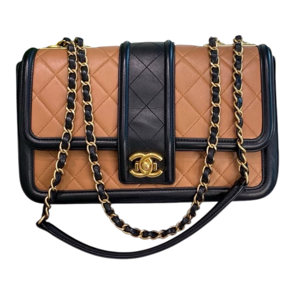 Chanel Medium Flap Bag In Dark Beige And Black Lambskin Quilted Leather With Gold Hardware