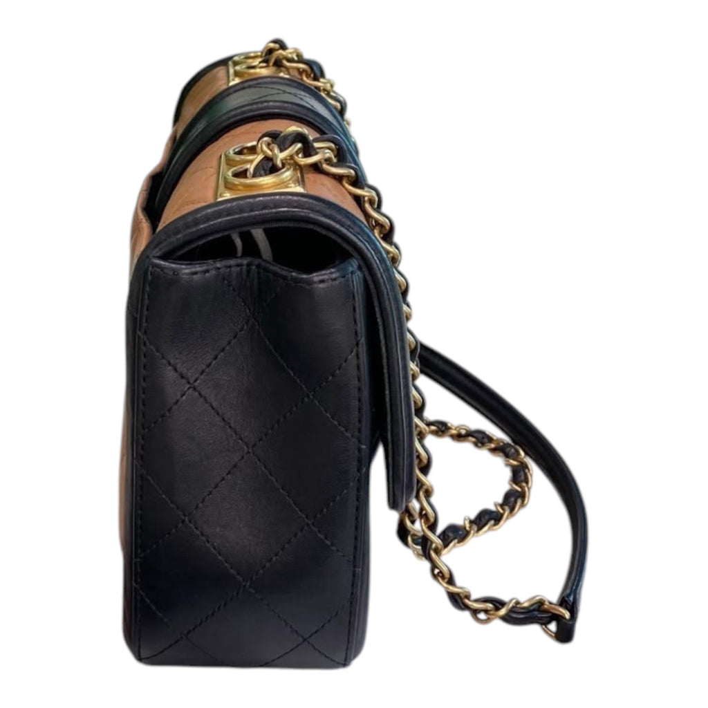 Chanel Medium Flap Bag In Dark Beige And Black Lambskin Quilted Leather With Gold Hardware