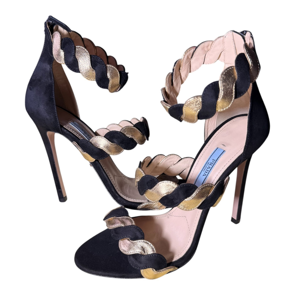 Prada Black & Gold Suede Leather Braided Ankle Cuff Heels