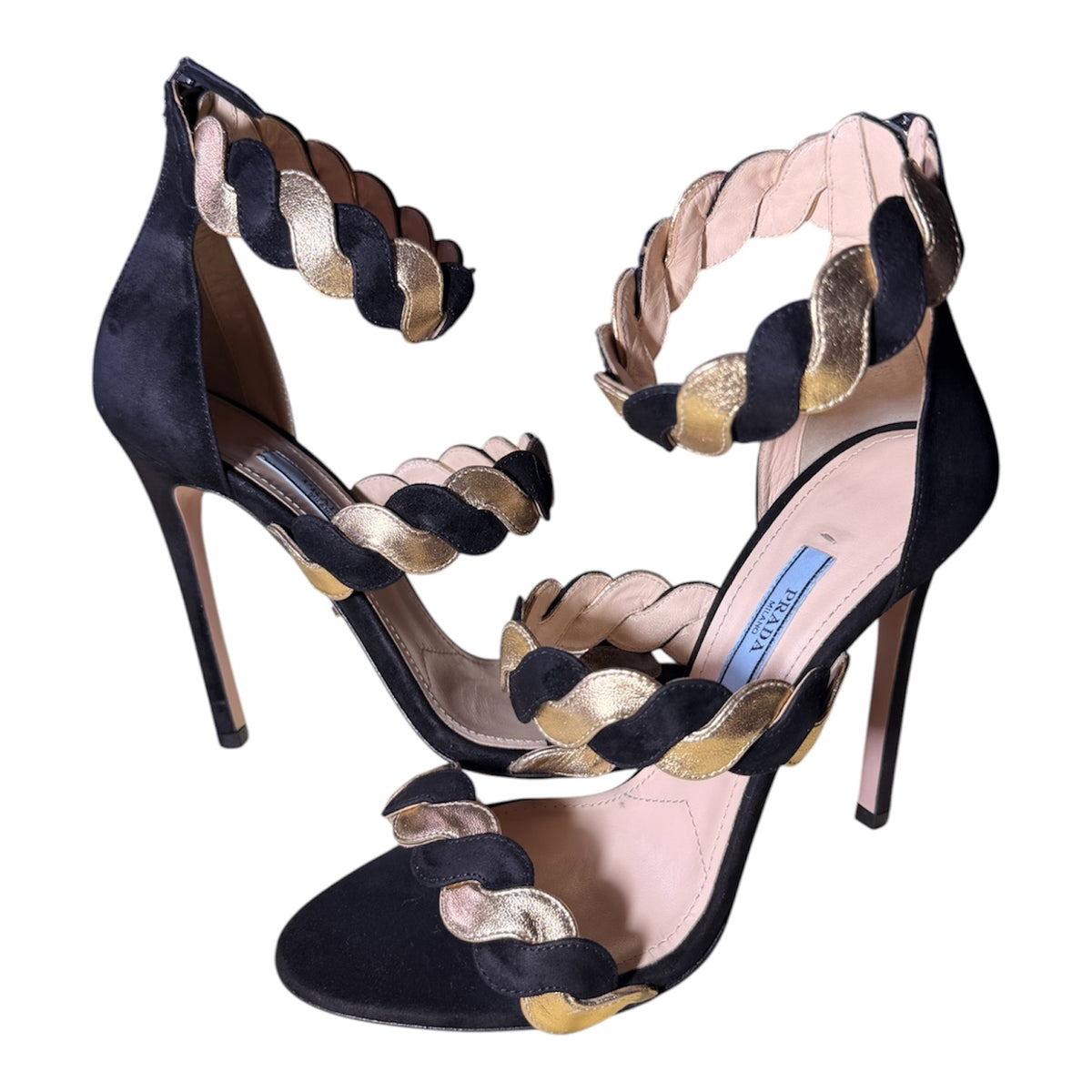 Prada Black & Gold Suede Leather Braided Ankle Cuff Heels
