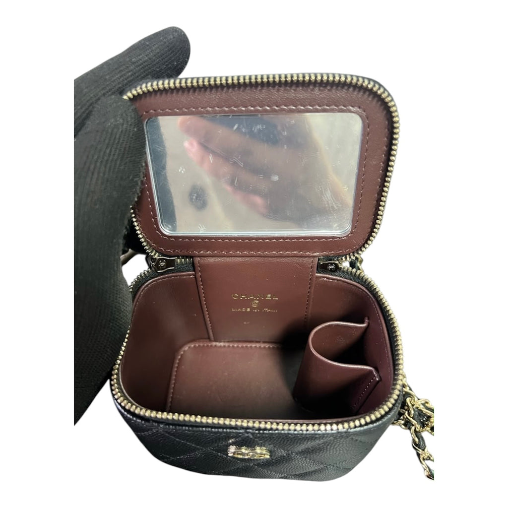 Chanel Mini Vanity Case In Black Quilted Caviar Leather With Gold Hardware