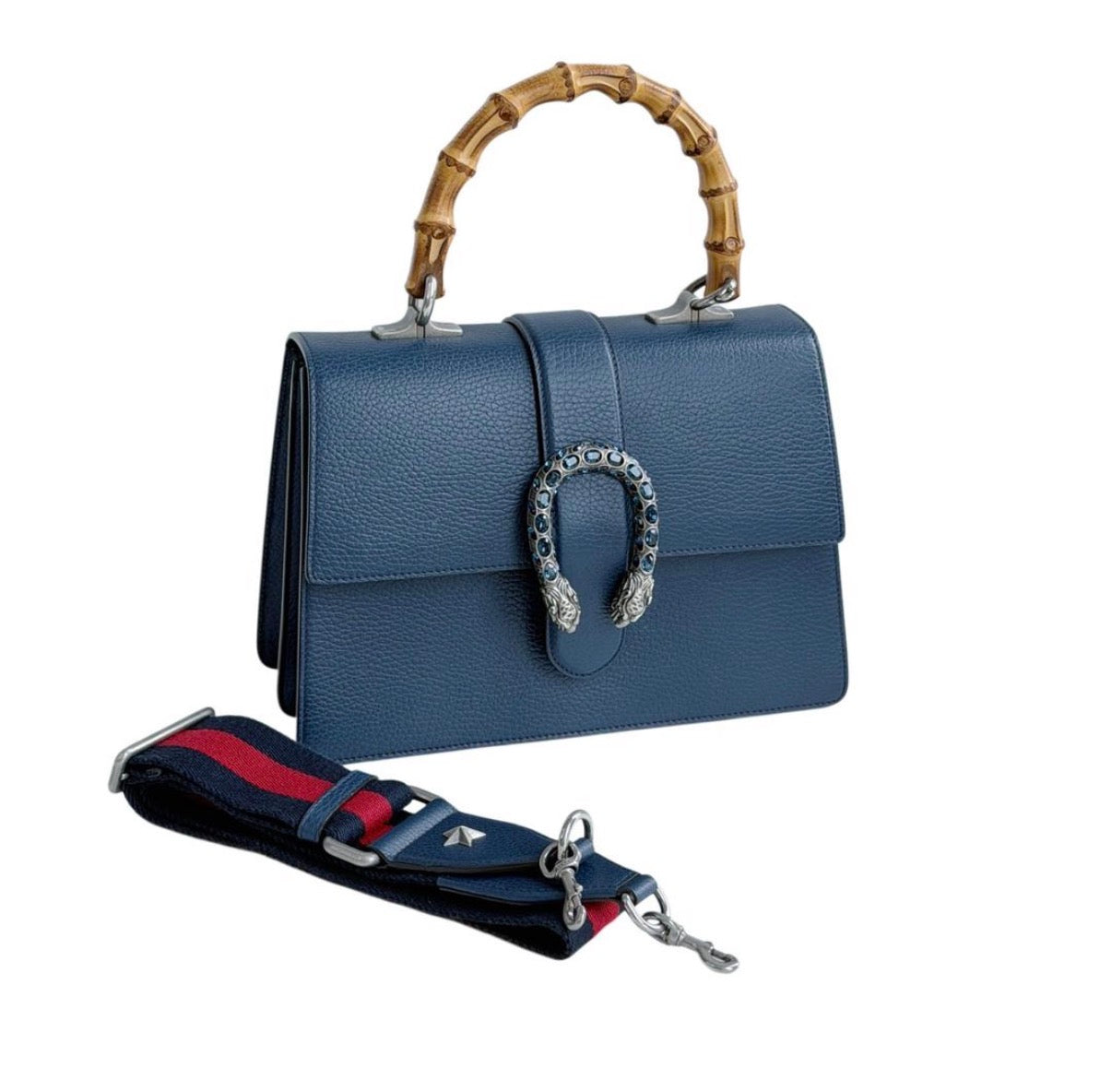 Gucci Navy Blue Leather Medium Dionysus Bamboo Top Handle Bag