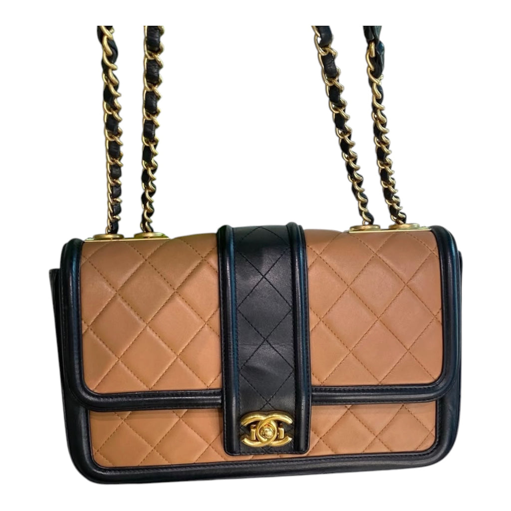 Chanel Medium Flap Bag In Dark Beige And Black Lambskin Quilted Leather With Gold Hardware