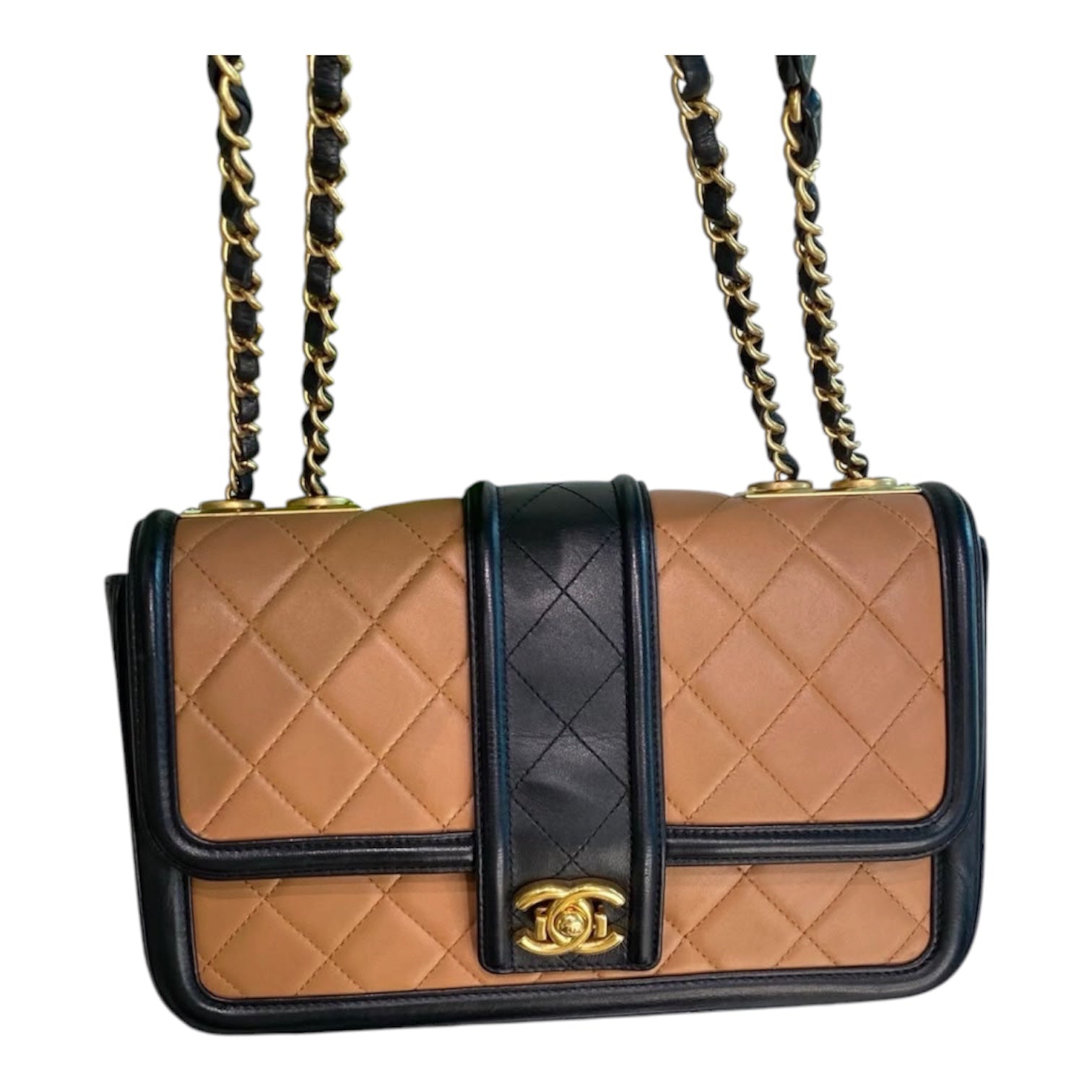 Chanel Medium Flap Bag In Dark Beige And Black Lambskin Quilted Leather With Gold Hardware