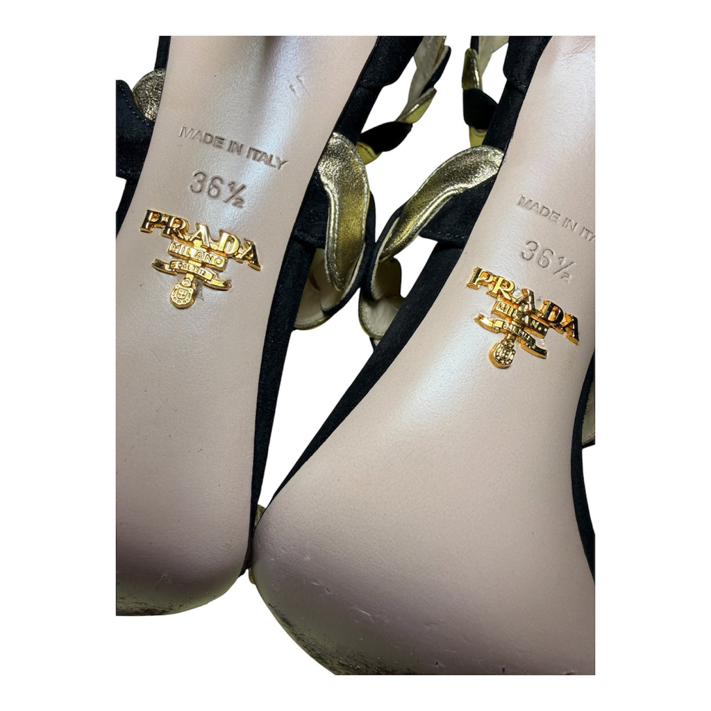 Prada Black & Gold Suede Leather Braided Ankle Cuff Heels