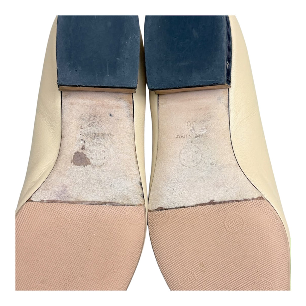 Chanel Beige Lambskin Ballet Flats With Black Grosgrain Cap Toe & Chain Heel
