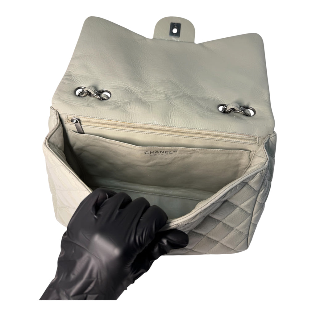 Chanel Jumbo Classic Flap Bag In Light Grey Patent Leather With Ruthenium Hardware