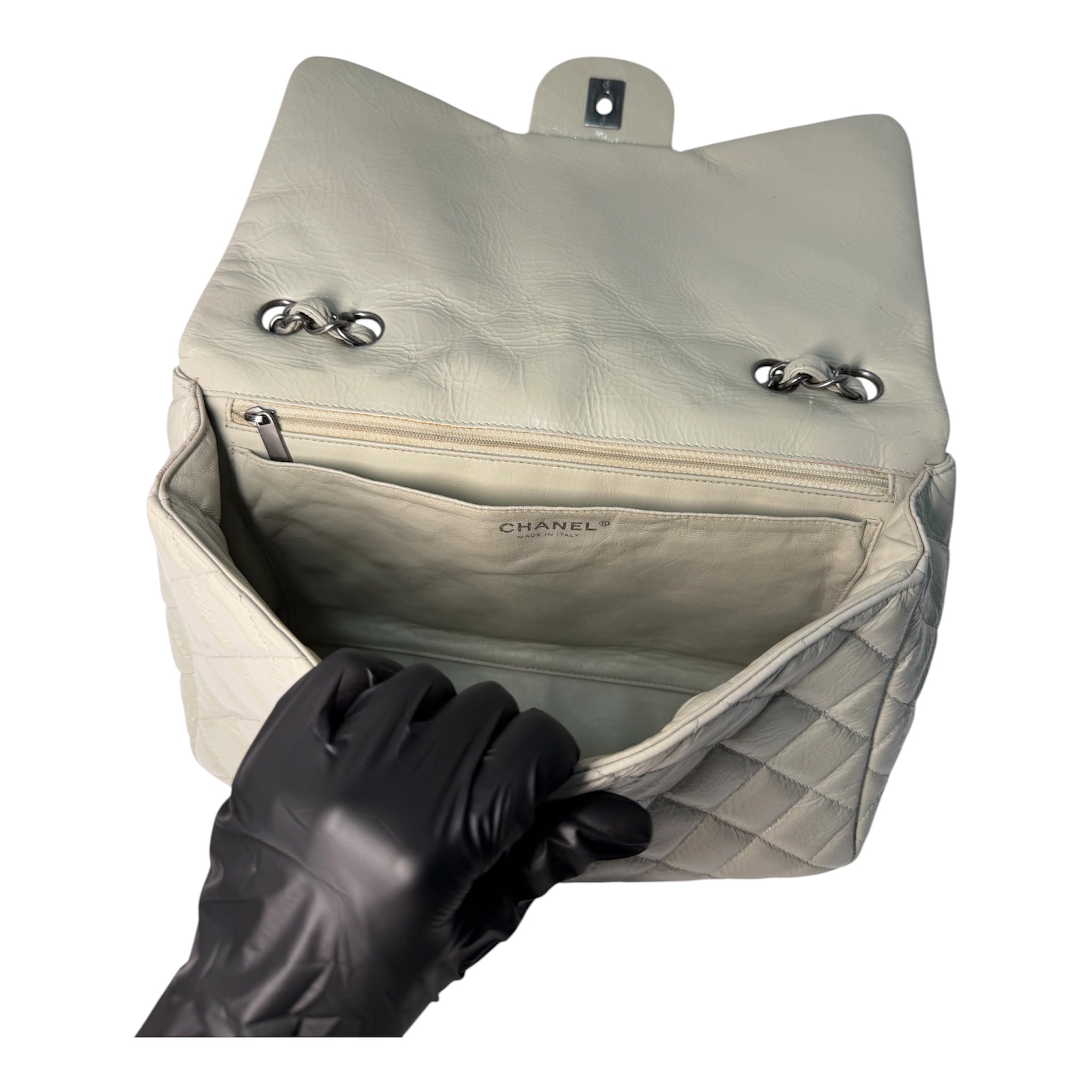 Chanel Jumbo Classic Flap Bag In Light Grey Patent Leather With Ruthenium Hardware