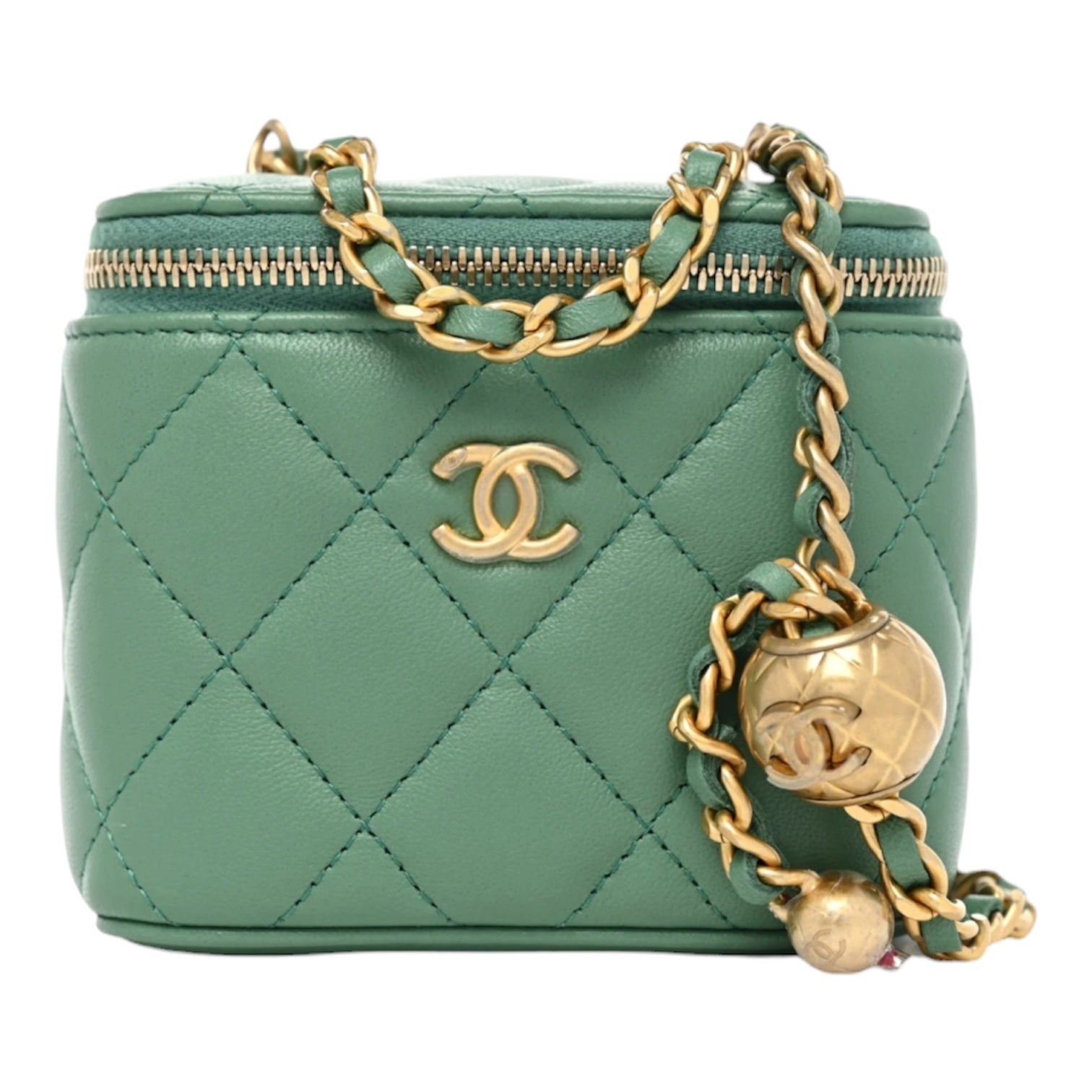 Chanel Pearl Crush Mini Vanity Case In Green Quilted Lambskin With Gold Hardware