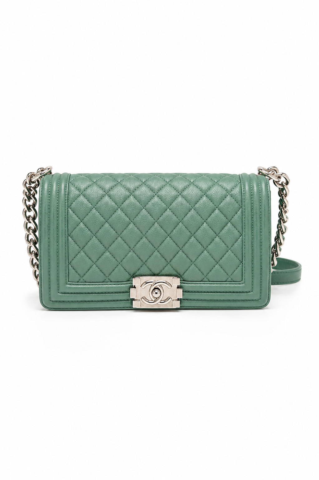 Chanel Medium Boy Flap Bag In Green Caviar Quilted Leather With Silver Hardware