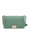 Chanel Medium Boy Flap Bag In Green Caviar Quilted Leather With Silver Hardware