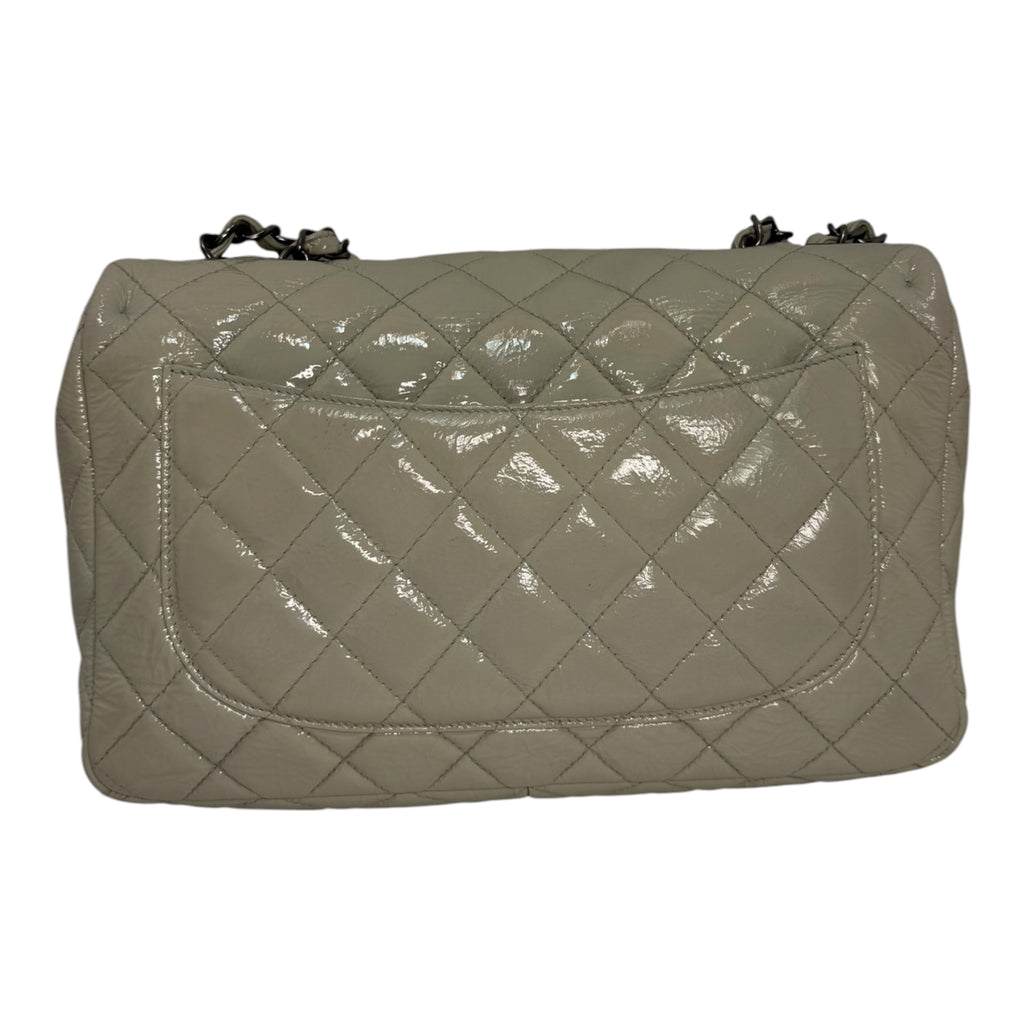 Chanel Jumbo Classic Flap Bag In Light Grey Patent Leather With Ruthenium Hardware