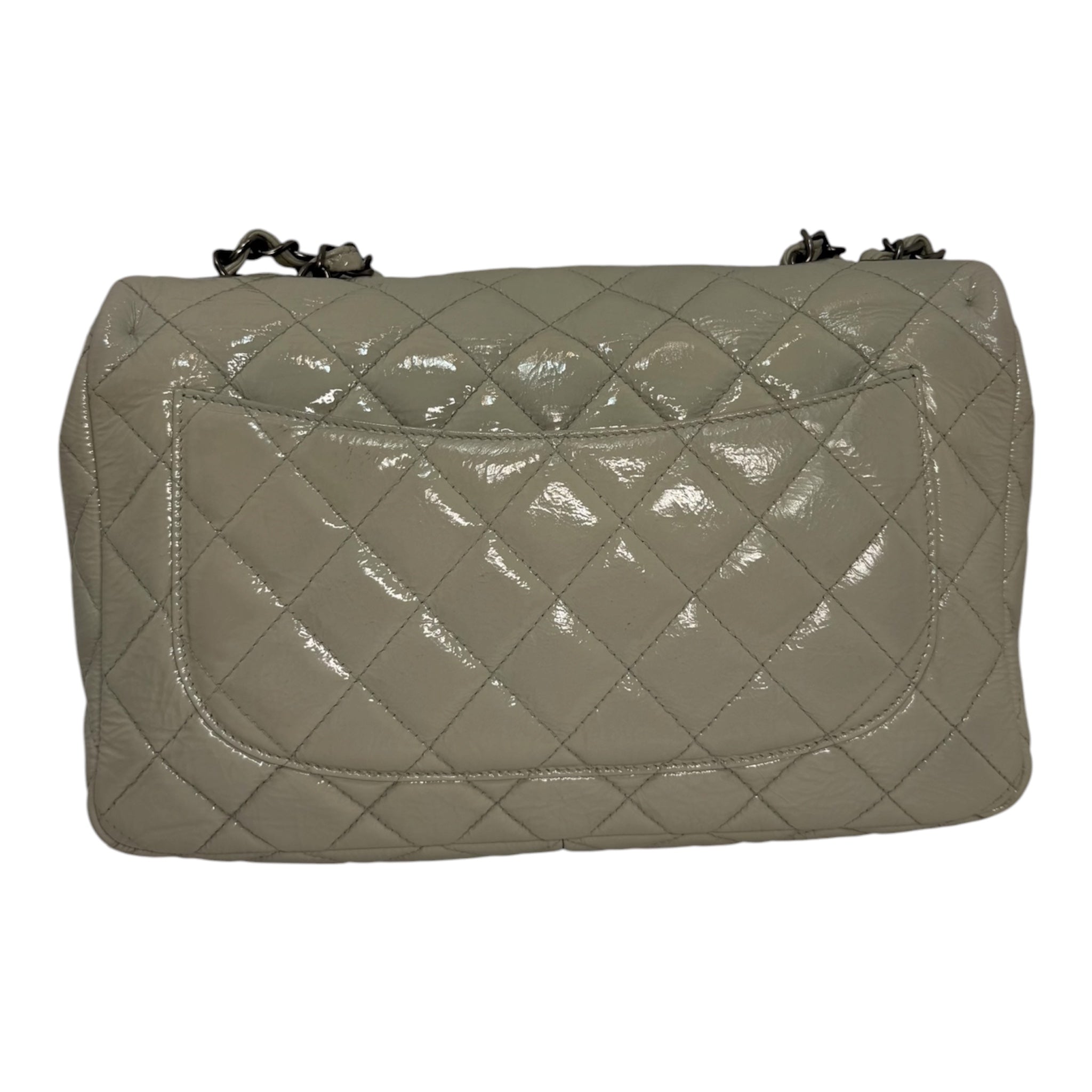 Chanel Jumbo Classic Flap Bag In Light Grey Patent Leather With Ruthenium Hardware