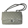 Chanel Jumbo Classic Flap Bag In Light Grey Patent Leather With Ruthenium Hardware