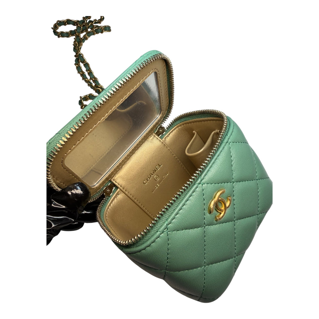 Chanel Pearl Crush Mini Vanity Case In Green Quilted Lambskin With Gold Hardware