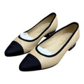 Chanel Beige Lambskin Ballet Flats With Black Grosgrain Cap Toe & Chain Heel