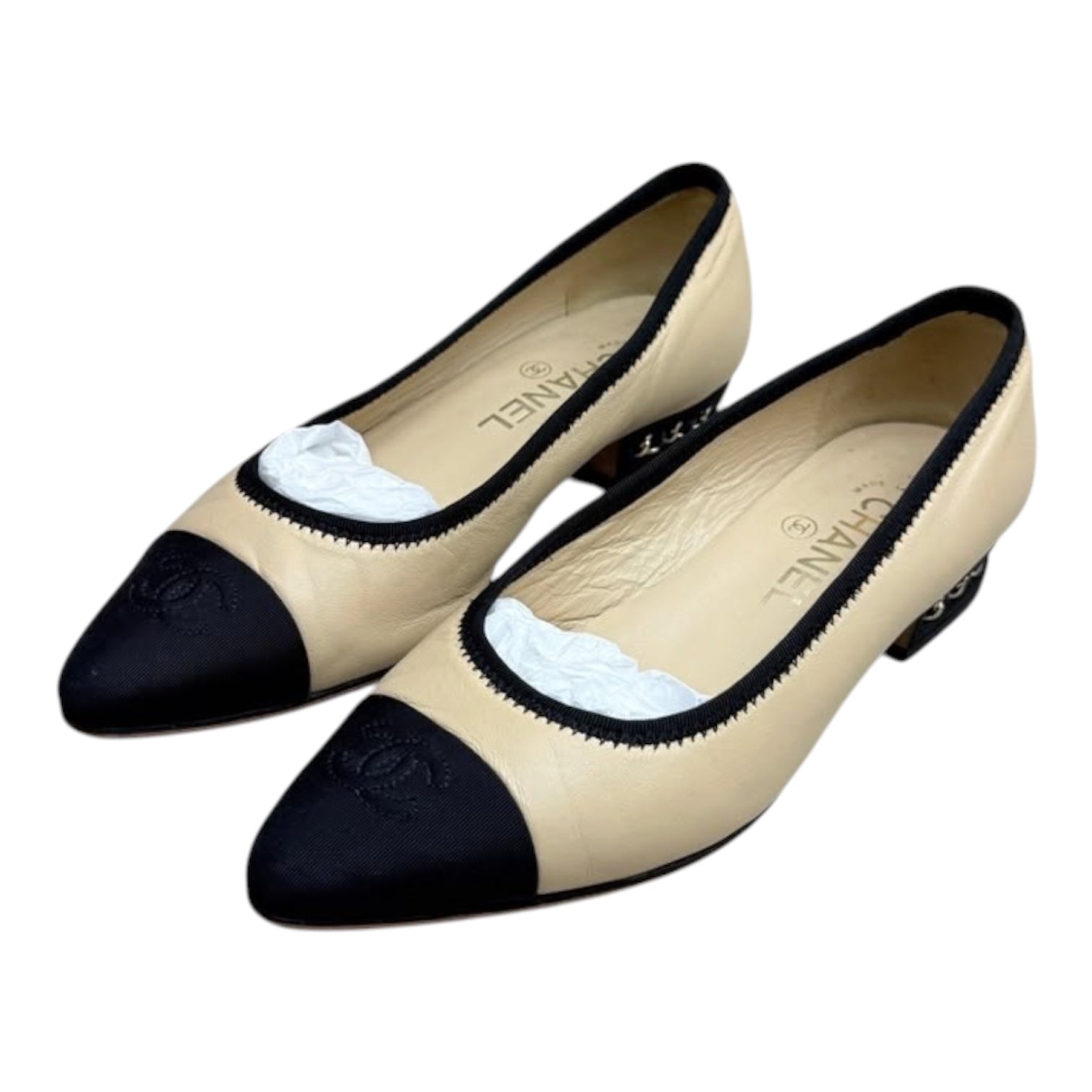 Chanel Beige Lambskin Ballet Flats With Black Grosgrain Cap Toe & Chain Heel