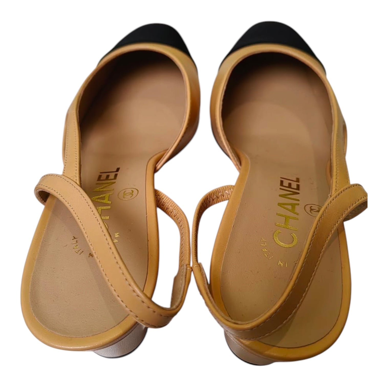Chanel Beige Goatskin Slingback Pumps with Black Grosgrain Cap Toe