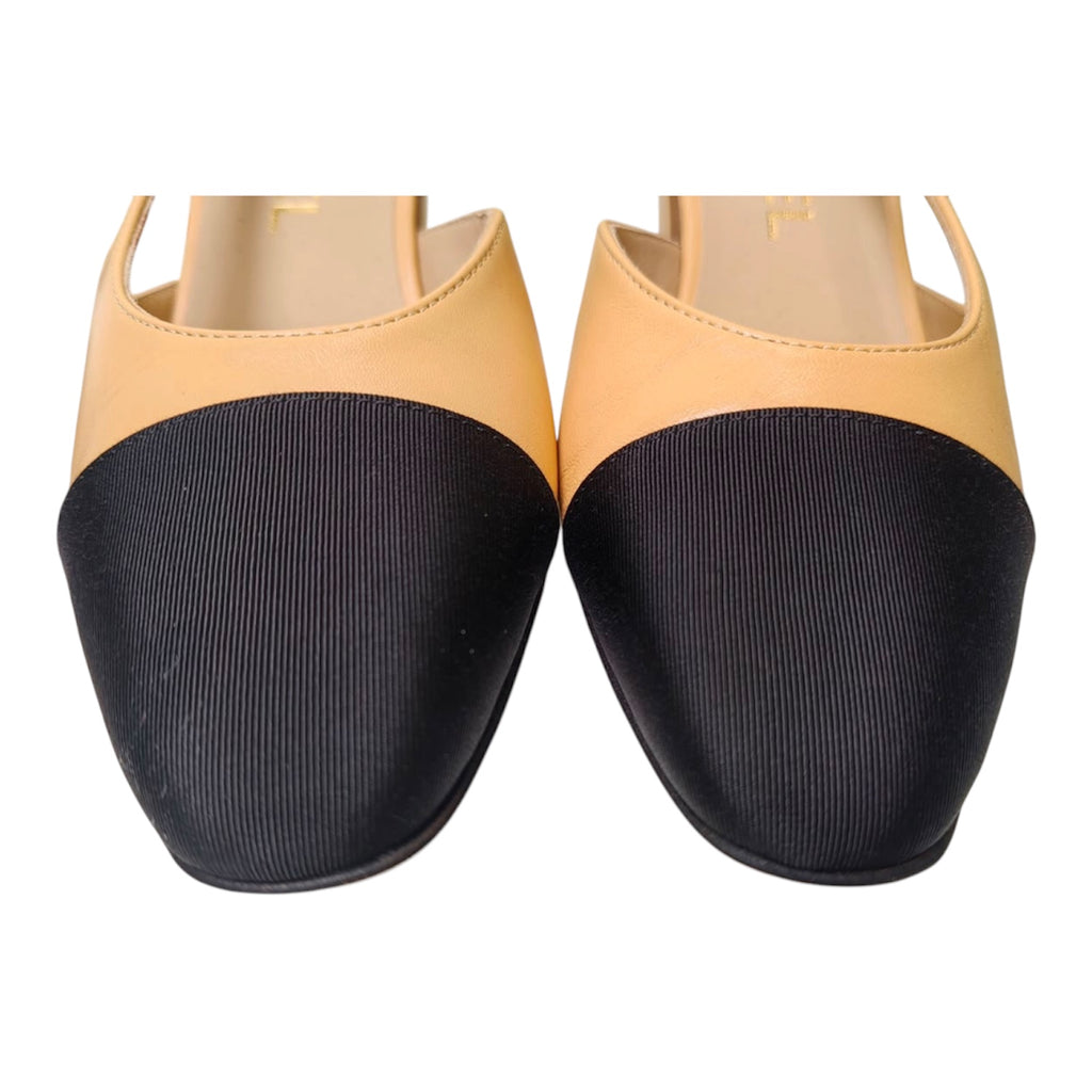 Chanel Beige Goatskin Slingback Pumps with Black Grosgrain Cap Toe