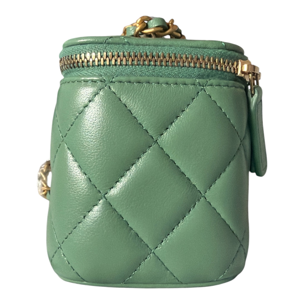 Chanel Pearl Crush Mini Vanity Case In Green Quilted Lambskin With Gold Hardware
