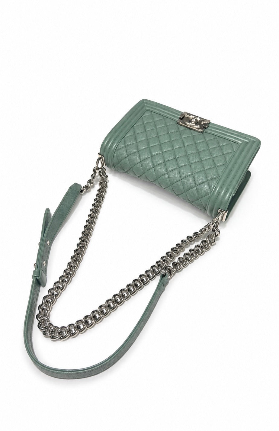 Chanel Medium Boy Flap Bag In Green Caviar Quilted Leather With Silver Hardware